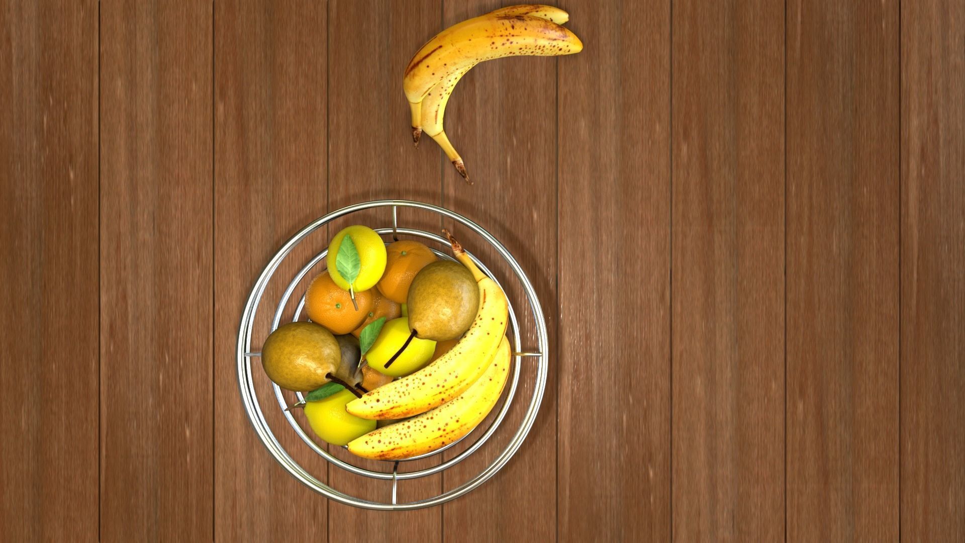 Fruits fruit in metal bowl on wooden table Free 3D model_6