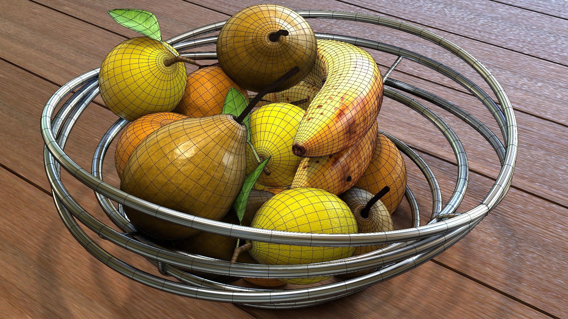 Fruits fruit in metal bowl on wooden table Free 3D model_5