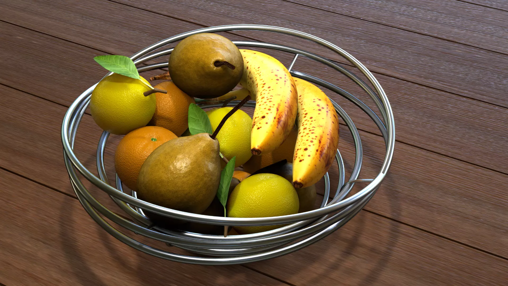 Fruits fruit in metal bowl on wooden table Free 3D model_0