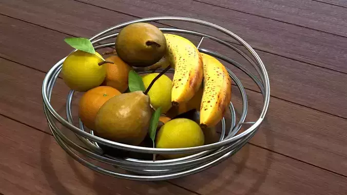 Fruits fruit in metal bowl on wooden table