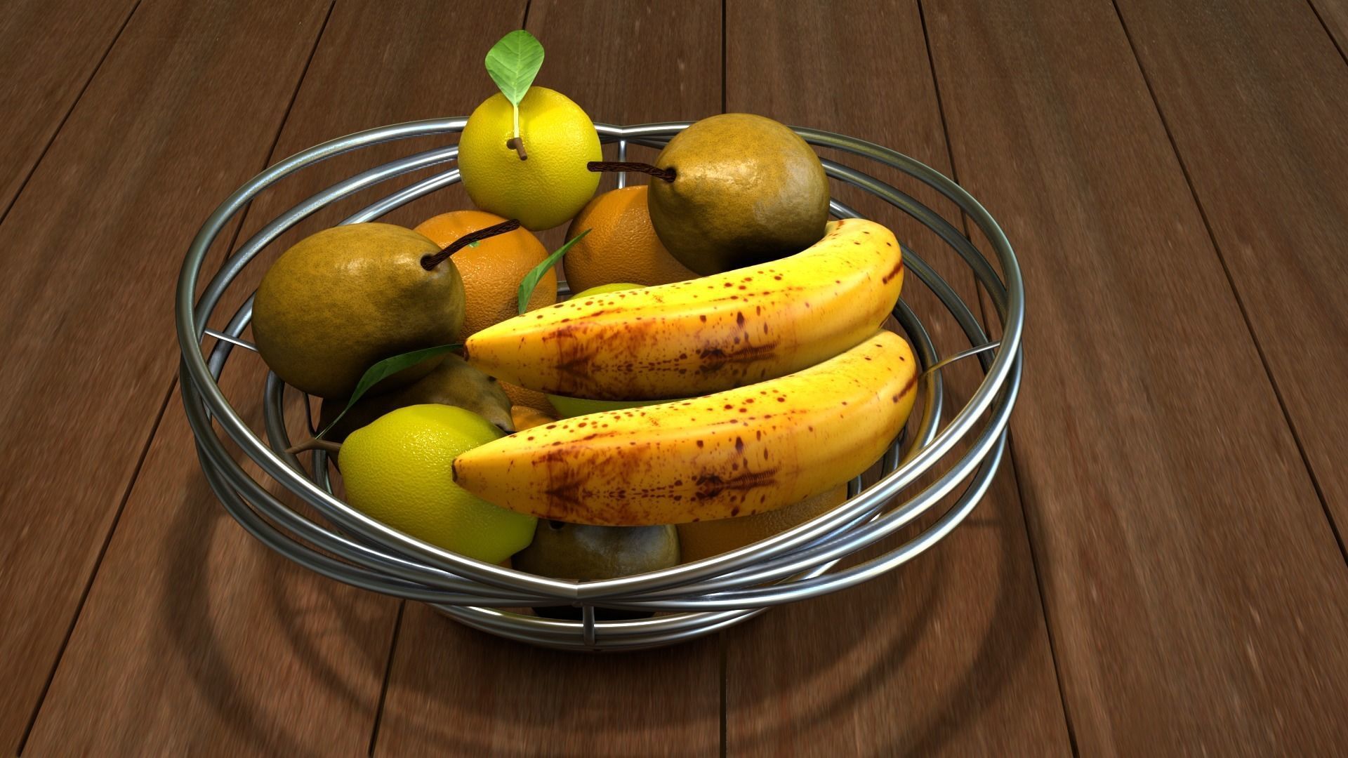 Fruits fruit in metal bowl on wooden table Free 3D model_2