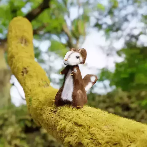 Animal felt squirrel on tree branch
