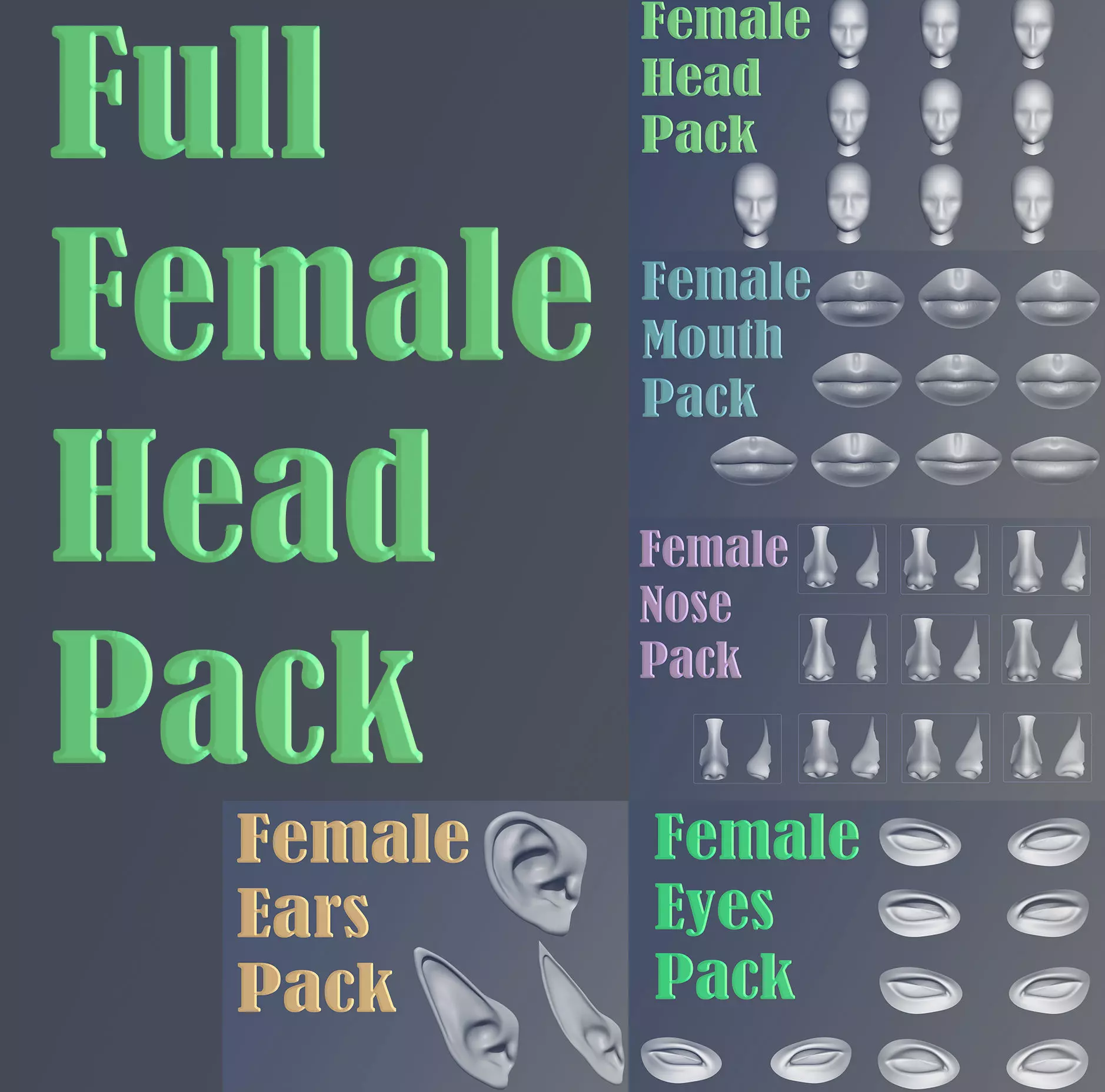 Full Female Head Pack 3D model_0