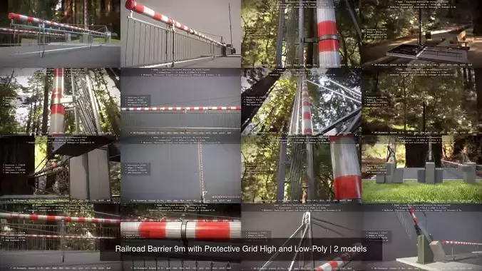 Railroad Barrier 9m with Protective Grid High and Low-Poly 3D Model Collection