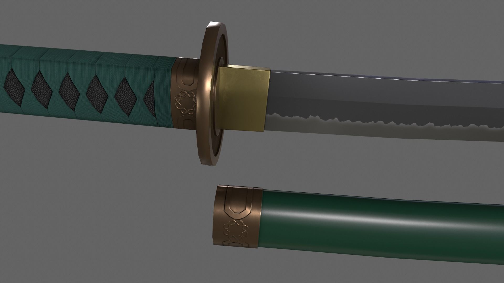 PBR Katana Japanese Sword Green V2 Low-poly 3D model_12