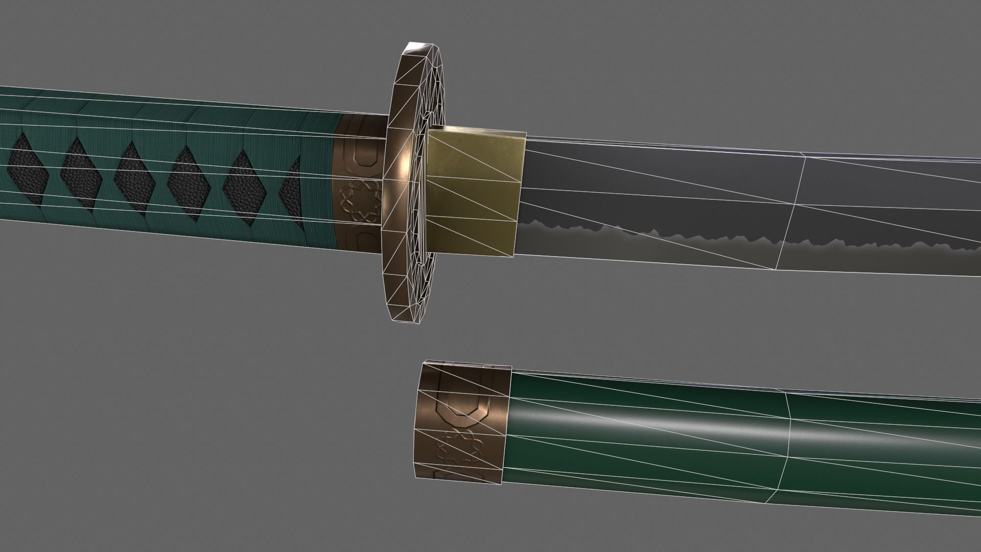 PBR Katana Japanese Sword Green V2 Low-poly 3D model_13