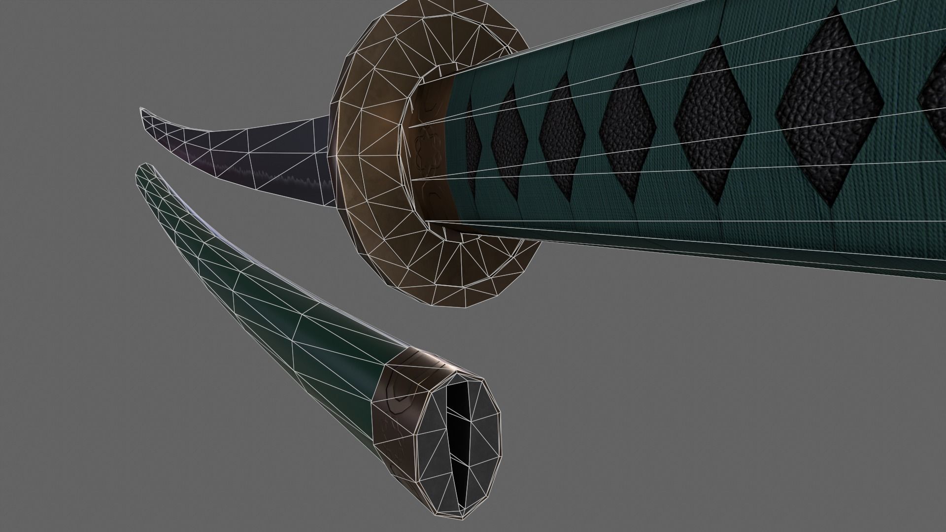 PBR Katana Japanese Sword Green V2 Low-poly 3D model_17