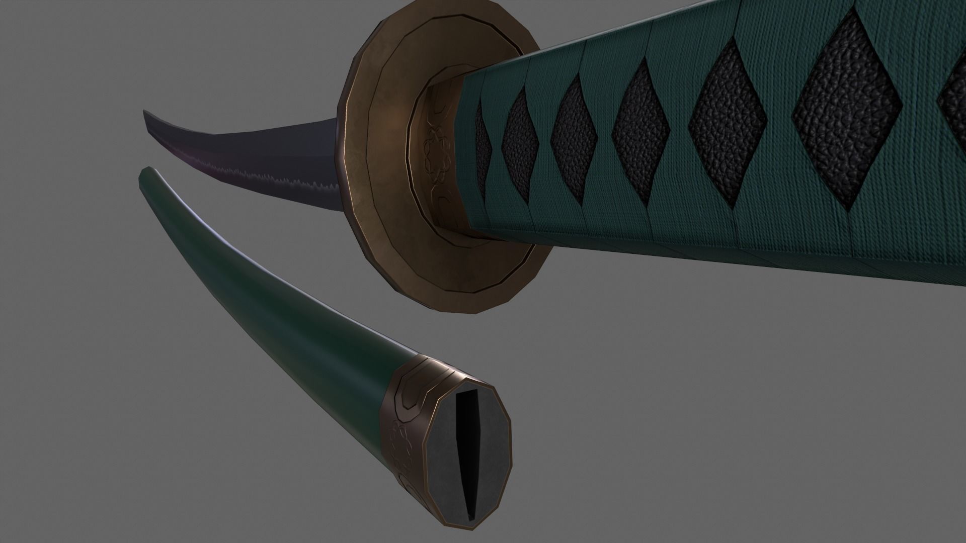 PBR Katana Japanese Sword Green V2 Low-poly 3D model_16