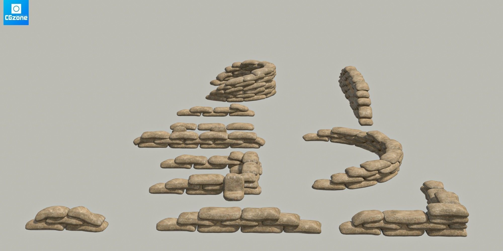 Sandbags Wall Kit  Low-poly 3D model_6
