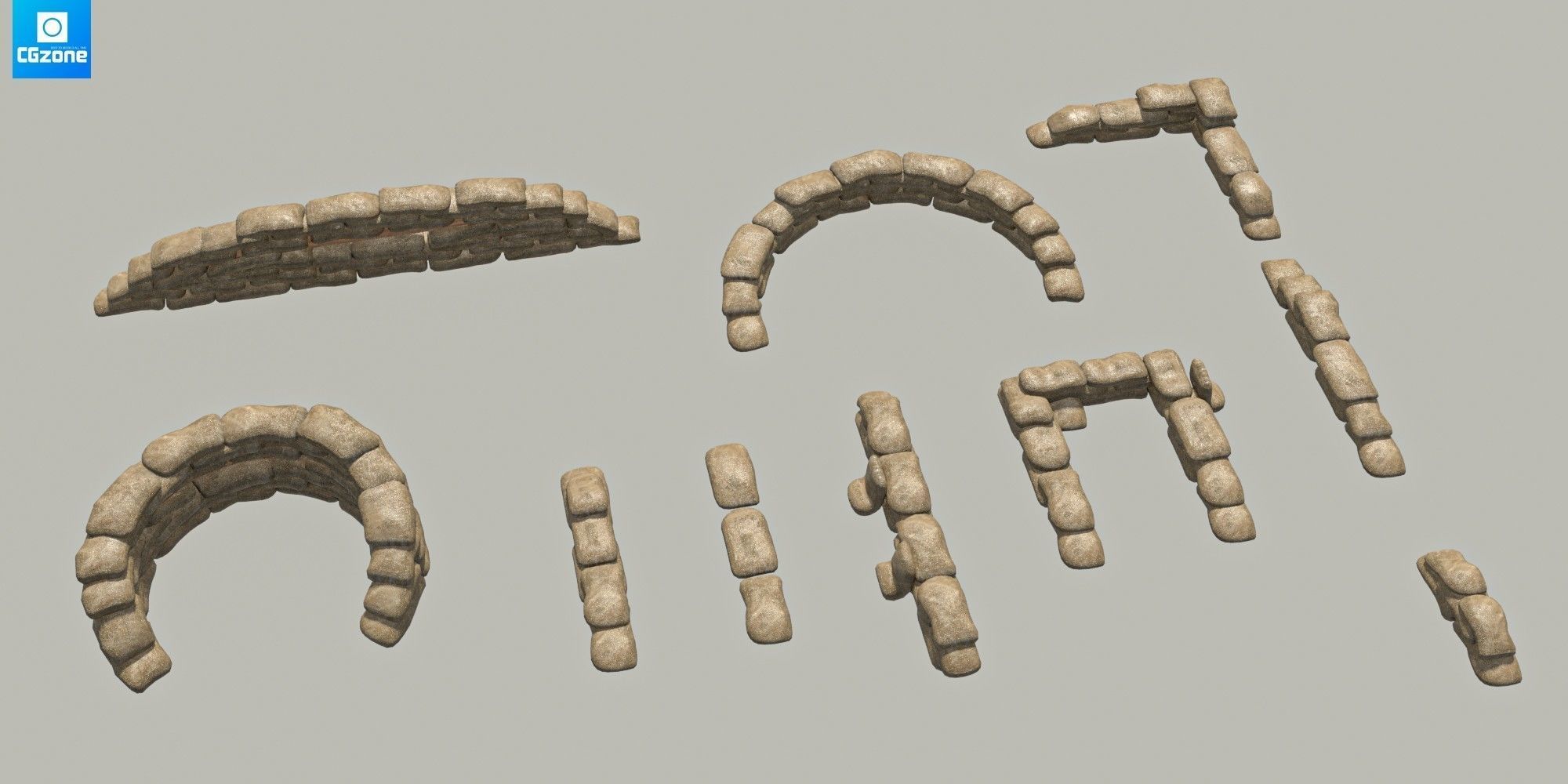 Sandbags Wall Kit  Low-poly 3D model_4