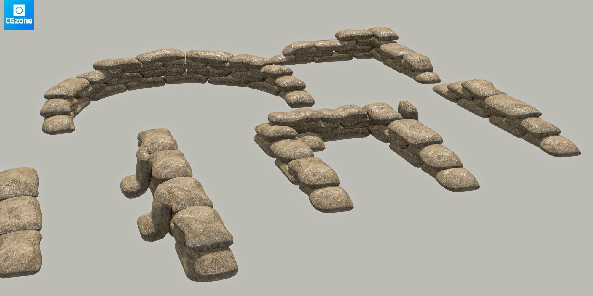Sandbags Wall Kit  Low-poly 3D model_5