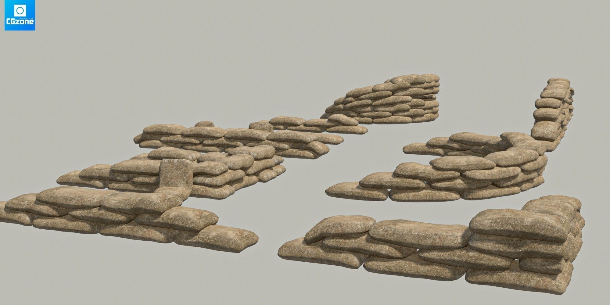 Sandbags Wall Kit  Low-poly 3D model_1