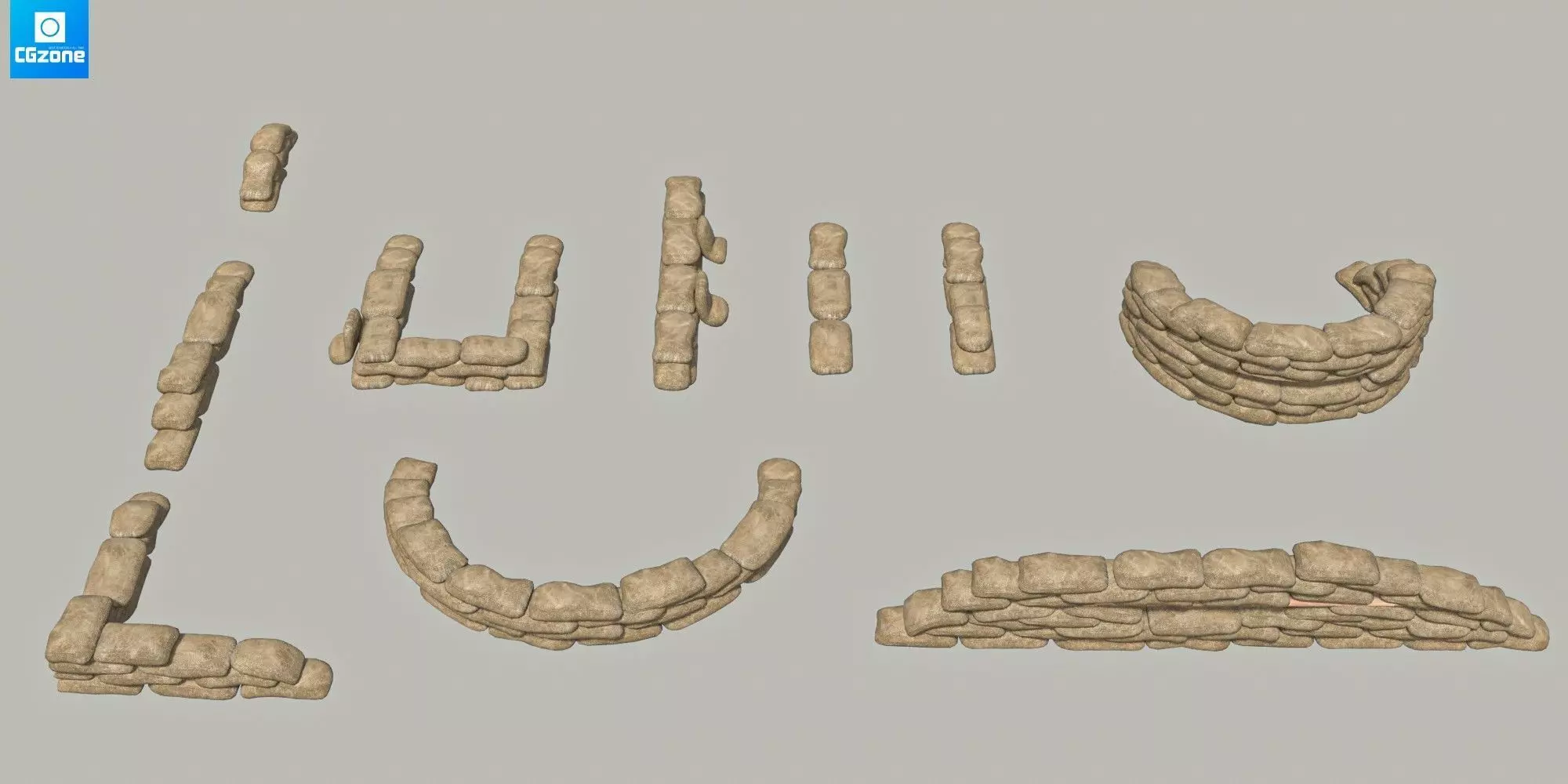 Sandbags Wall Kit  Low-poly 3D model_0