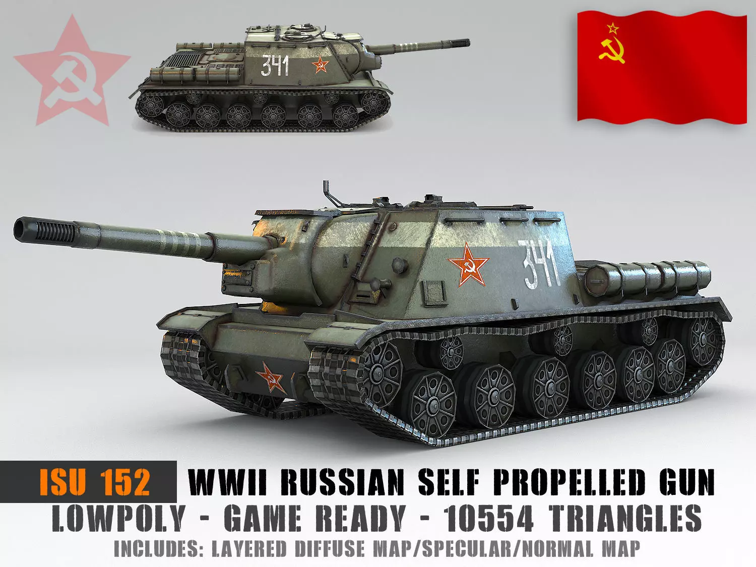 Low Poly ISU 152 self propelled gun Low-poly 3D model_0