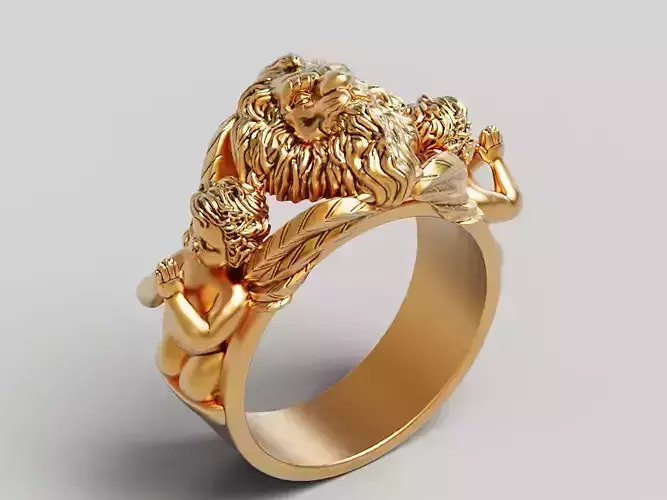 Lion and praying baby angel Silver Gold  Print