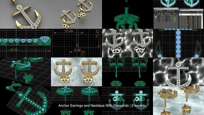 Anchor Earrings and Necklace With Diamonds 3D Model Collection