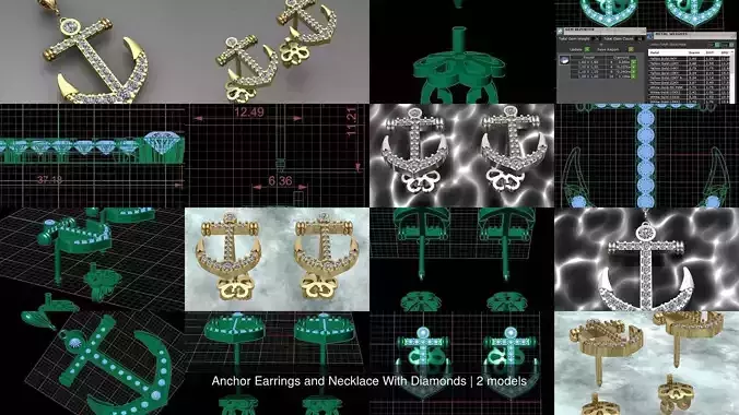 Anchor Earrings and Necklace With Diamonds 3D Model Collection