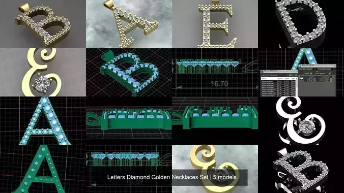 Letters Diamond Golden Necklaces Set 3D Model Collection