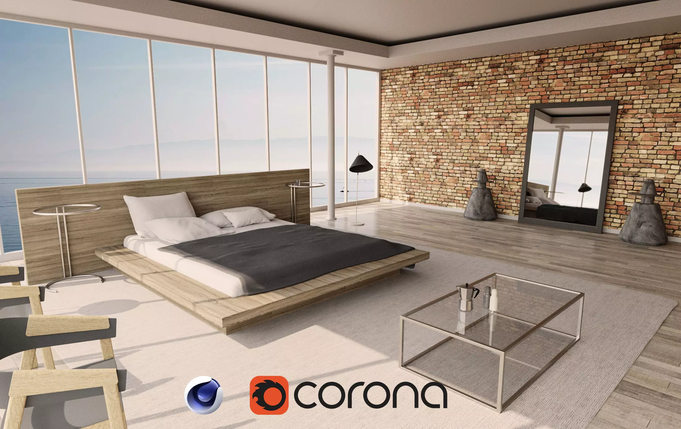 Bedroom interior design - sea view 3D model_0
