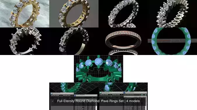 Full Eternity Round Diamond  Pave Rings Set 3D Model Collection