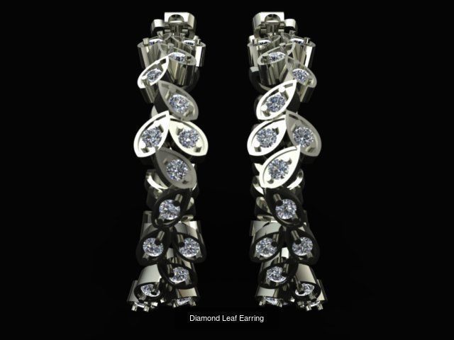 Leaf Set of Diamond Golden Earrings Ring and Pendant 3D Model Collection_3