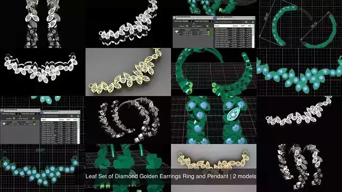 Leaf Set of Diamond Golden Earrings Ring and Pendant 3D Model Collection