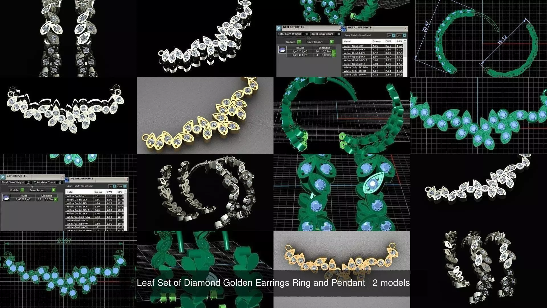 Leaf Set of Diamond Golden Earrings Ring and Pendant 3D Model Collection_0