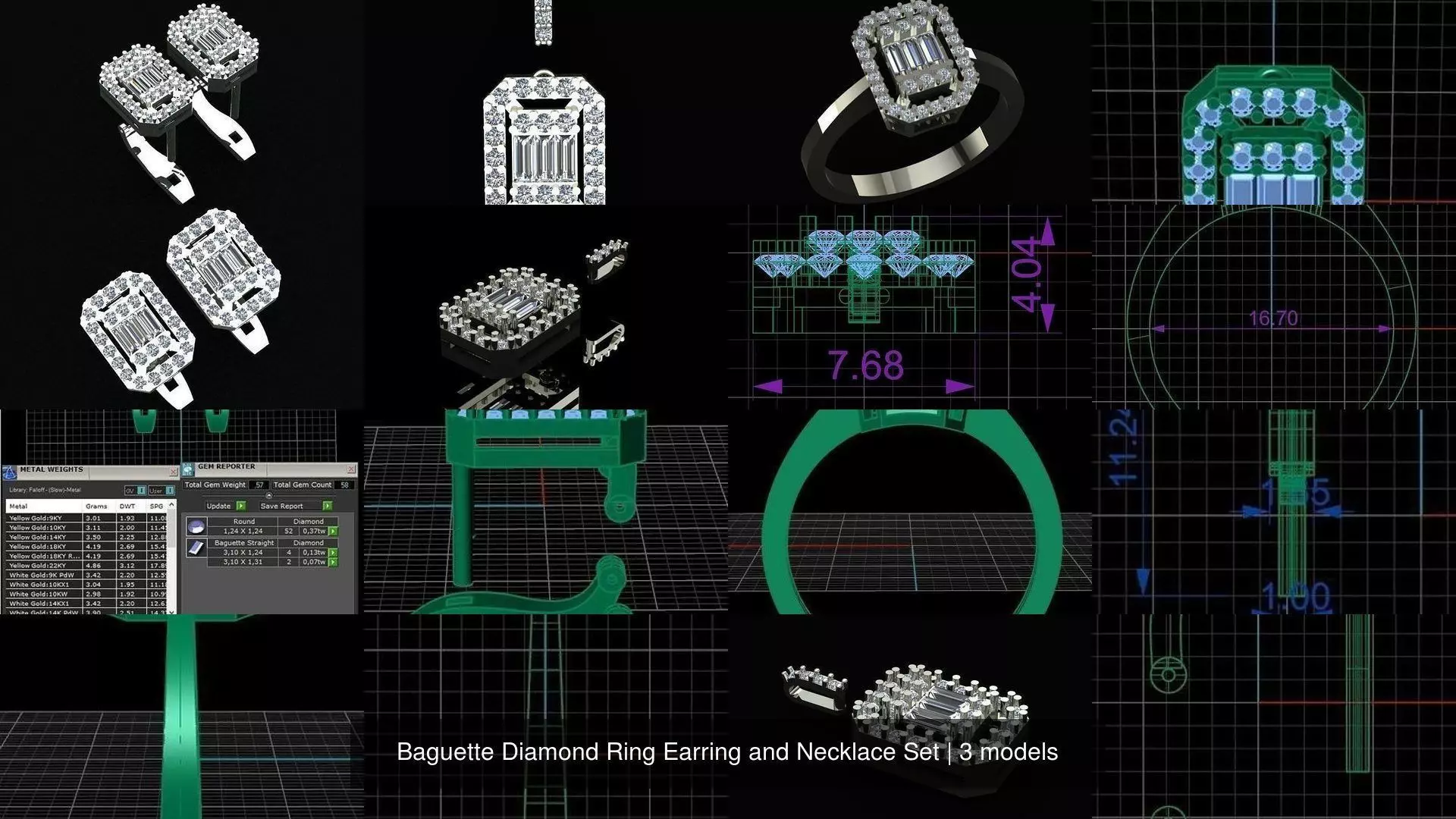 Baguette Diamond Ring Earring and Necklace Set 3D Model Collection_0