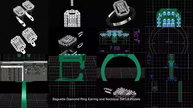 Baguette Diamond Ring Earring and Necklace Set 3D Model Collection