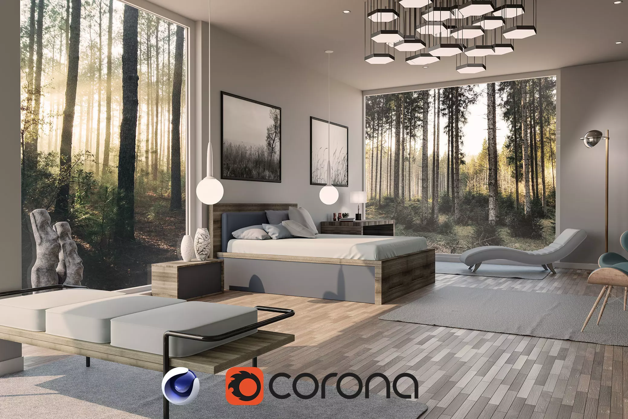 Bedroom interior design - forest view 3D model_0