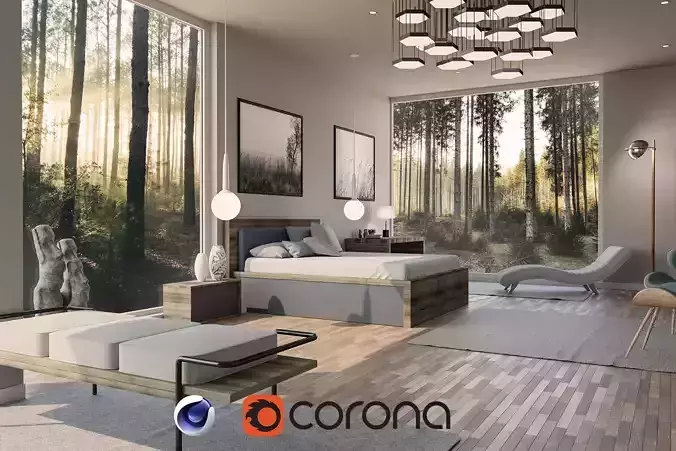 Bedroom interior design - forest view  3D model