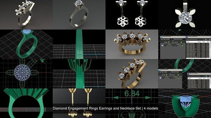Diamond Engagement Rings Earrings and Necklace Set 3D Model Collection