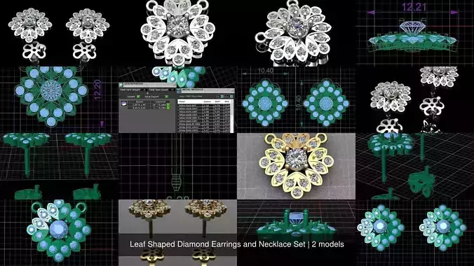 Leaf Shaped Diamond Earrings and Necklace Set 3D Model Collection
