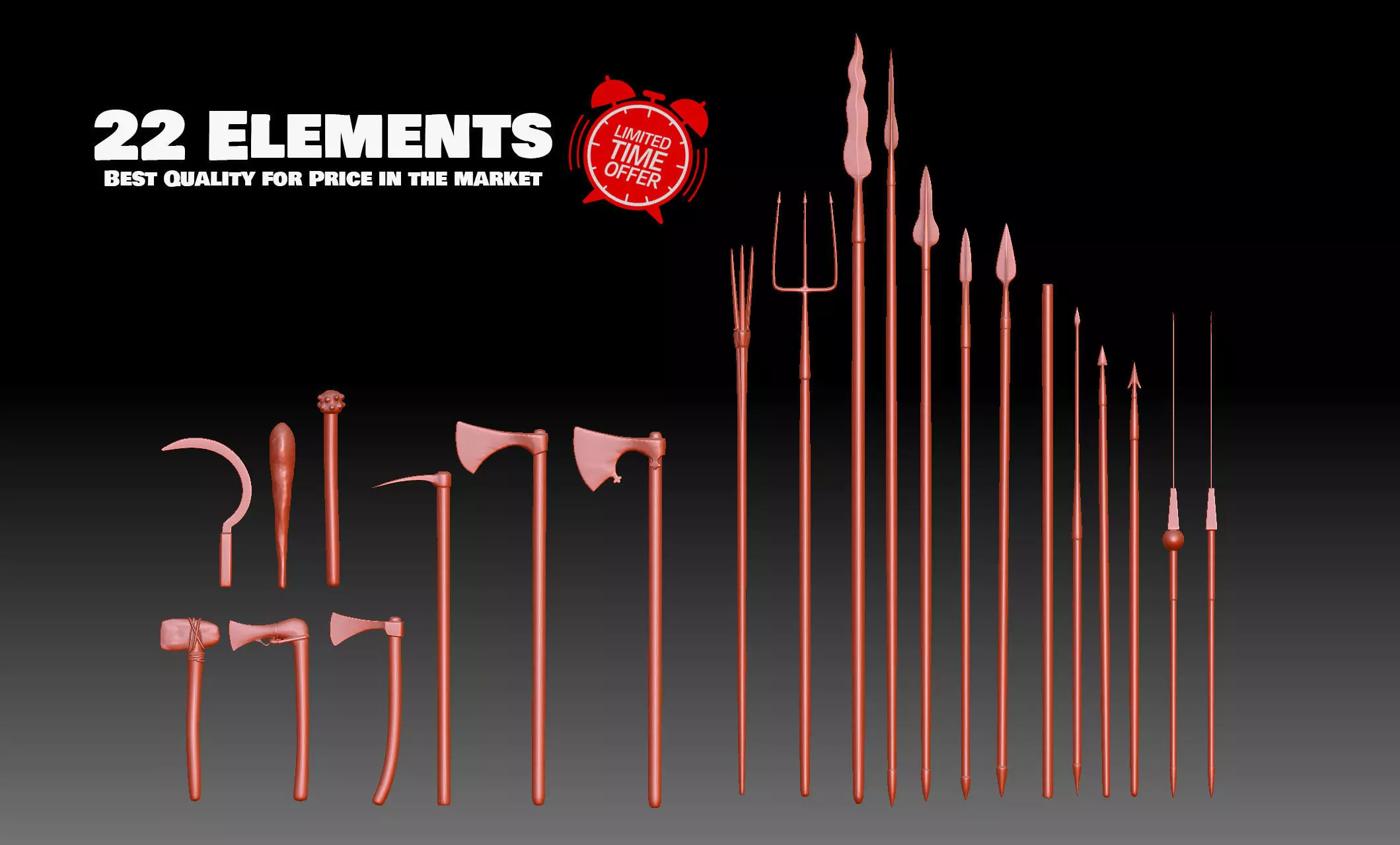 22 Axes Spears weapons collection Medieval Roman melee weapons 3D print model_0