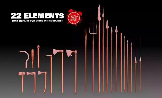 22 Axes Spears weapons collection Medieval Roman melee weapons 3D print model