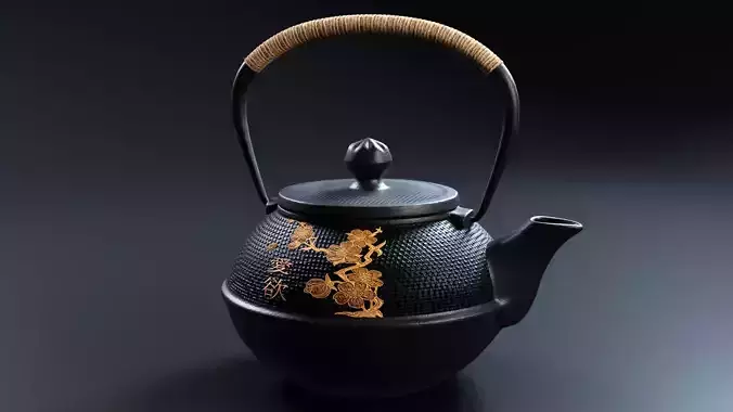 Oriental Iron Teapot - Black Green and Pink