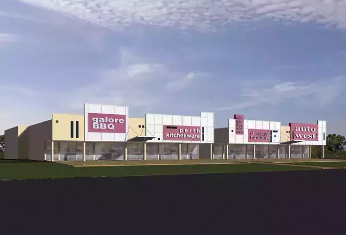 warehouse shopping centre with two storefronts and car park