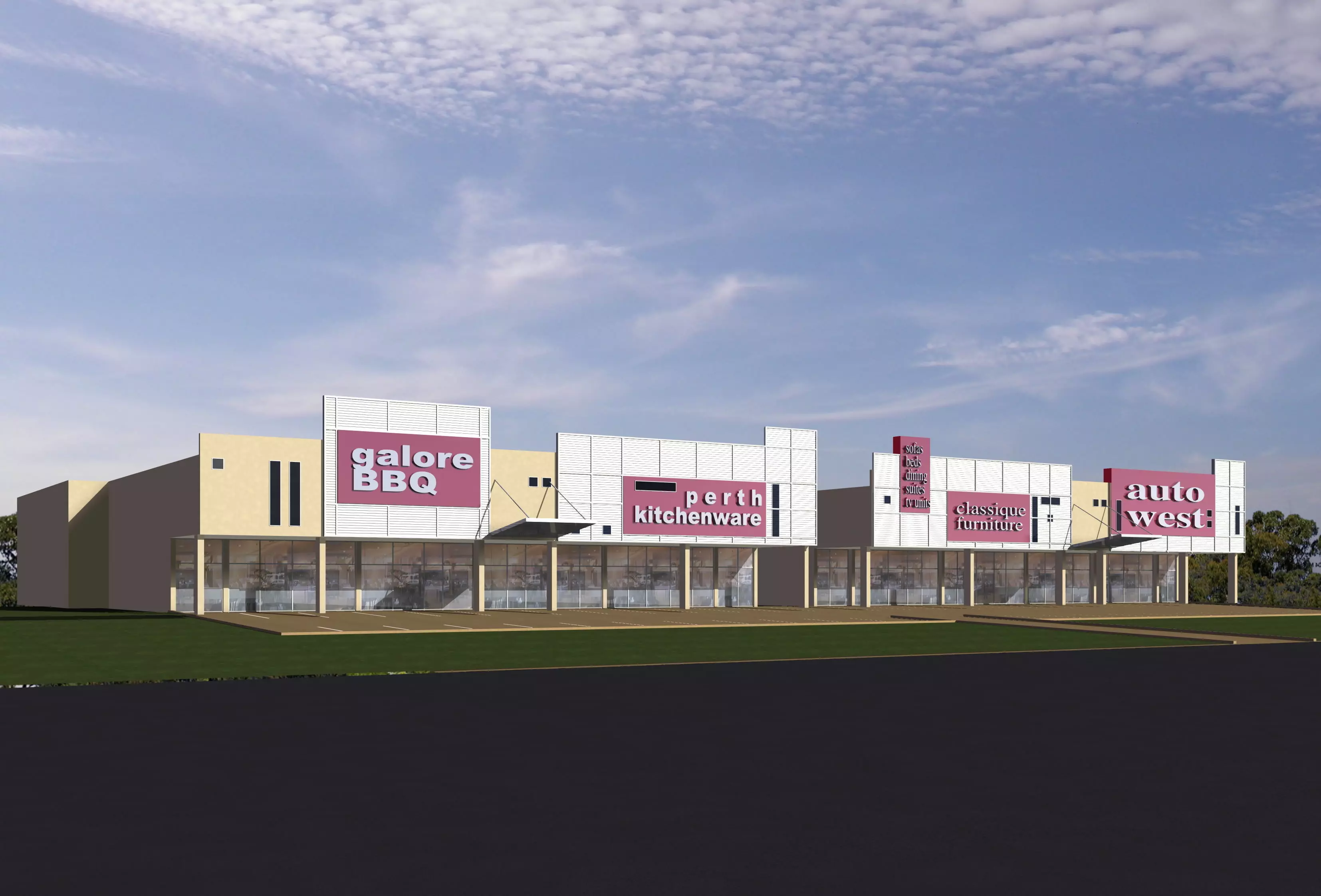 warehouse shopping centre with two storefronts and car park Free 3D model