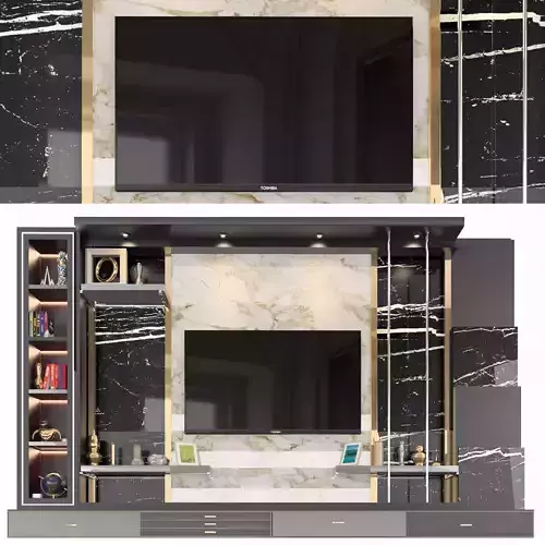 Tv-Stand entertainment center with marble walls and tv