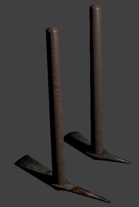pickaxe pair of wooden shovels Low-poly 3D model_1