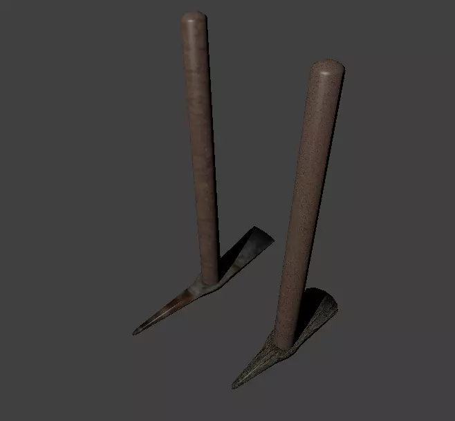 pickaxe pair of wooden shovels Low-poly 3D model_0