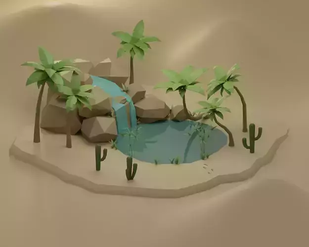 Oasis island with palm trees and cactus