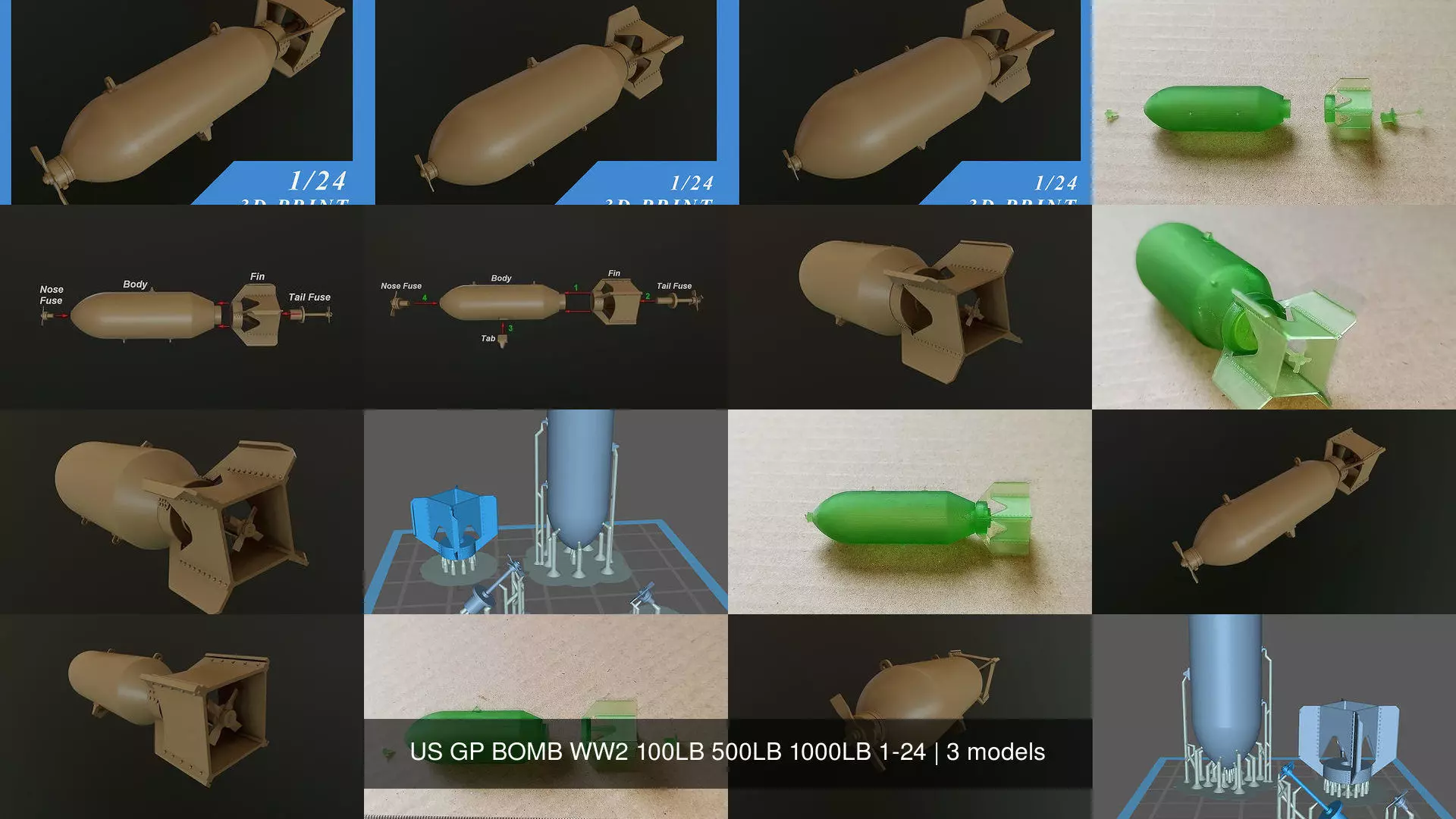 US GP BOMB WW2 100LB 500LB 1000LB 1-24 3D Model Collection_2