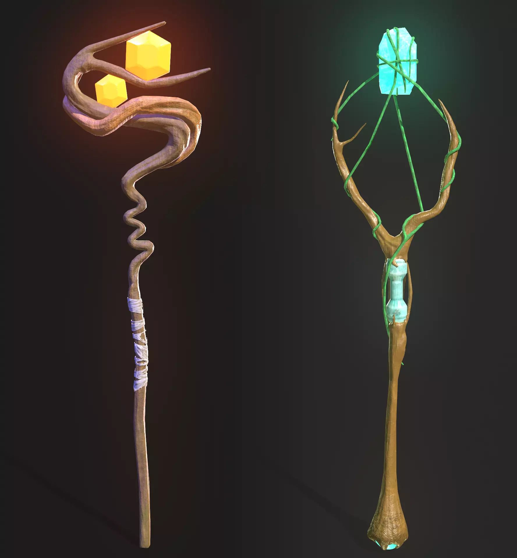 Two Magical Staffs Low-poly 3D model