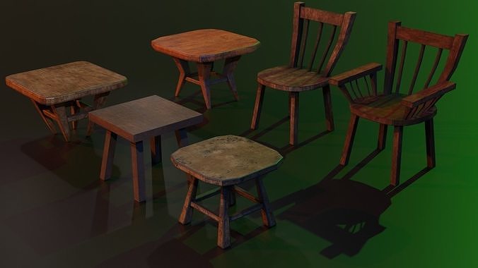 A set of wooden chairs with scuffs and abrasions Low-poly 3D model