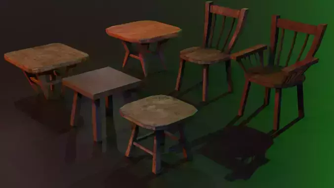 A set of wooden chairs with scuffs and abrasions