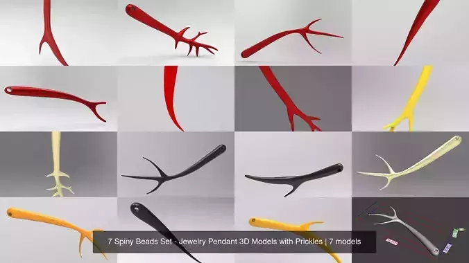 7 Spiny Beads Set - Jewelry Pendant 3D Models with Prickles