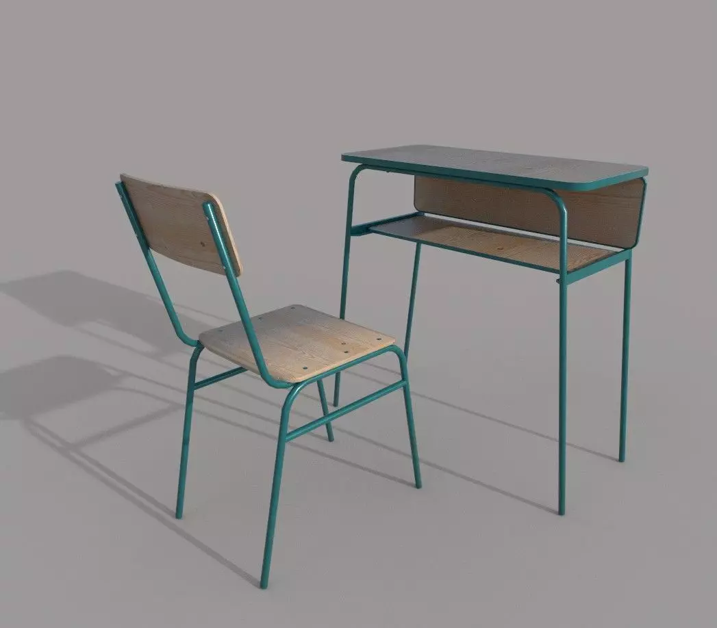 School chair and desk B Low-poly 3D model