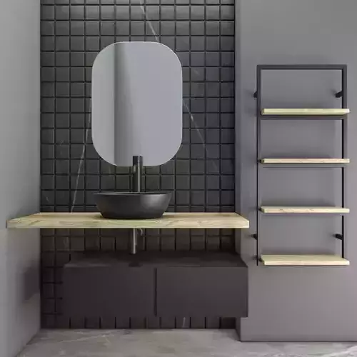 bathroom set 7 modern with tiles and wooden shelves 3D model