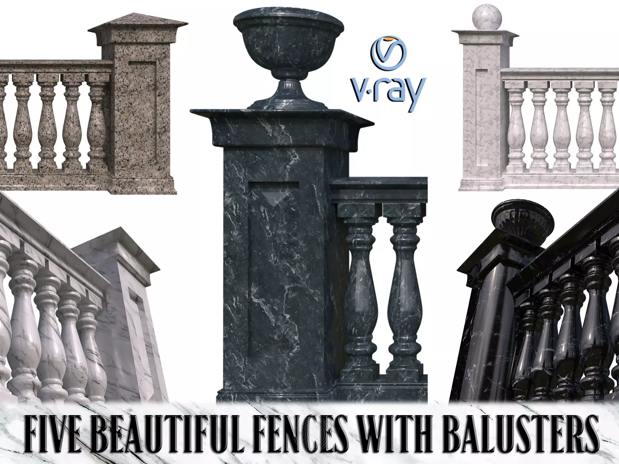 Five fences with balusters and columns 3D model_0